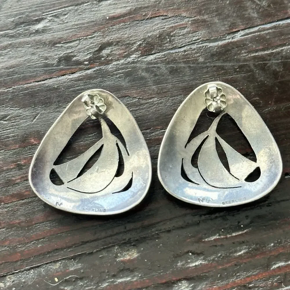 Modernist Sterling Silver Sailboat Earrings Pierced Signed